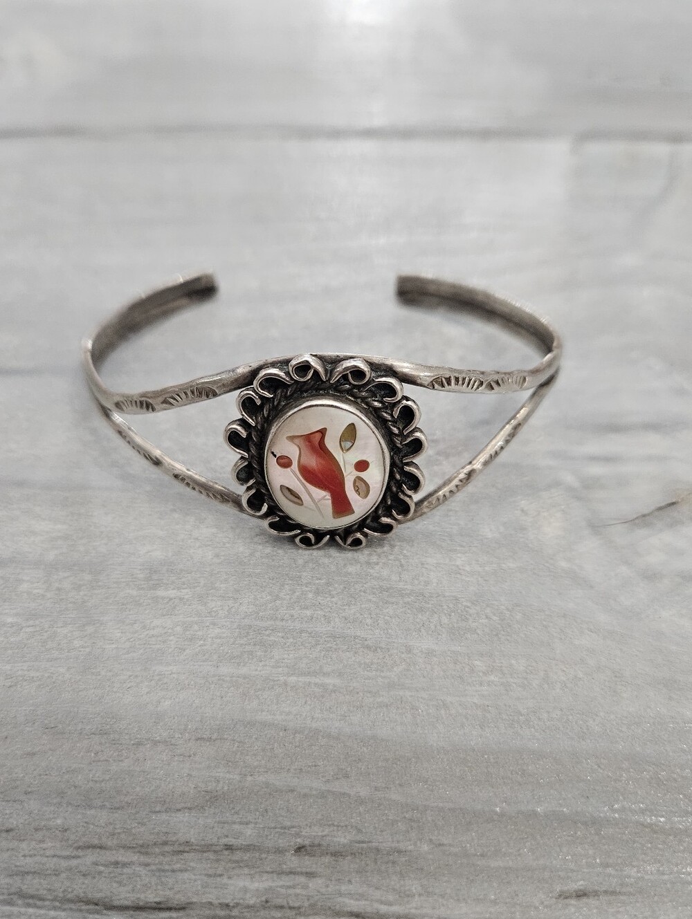 Vintage Zuni Native American Sterling Cardinal Cuff Signed JJ
